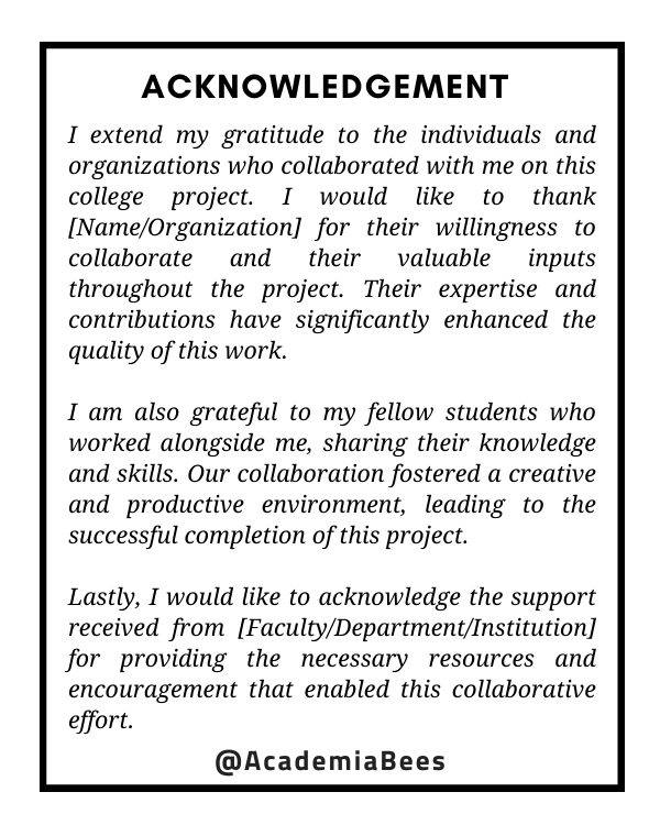 acknowledgement format for college assignment
