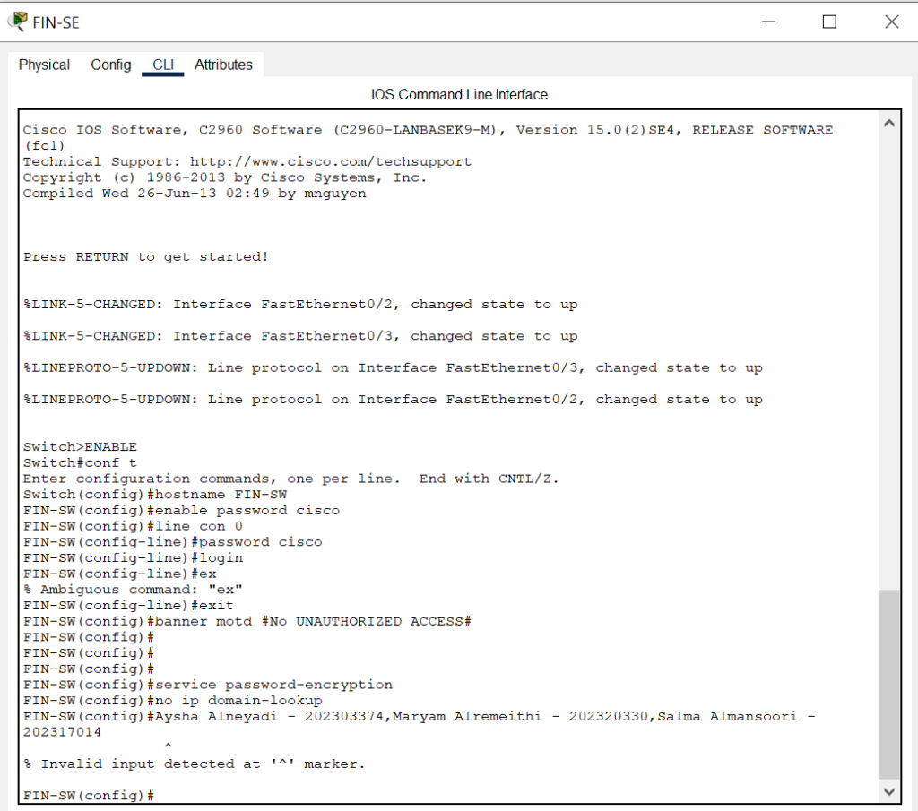 Basic Switch Configuration Finance Dept