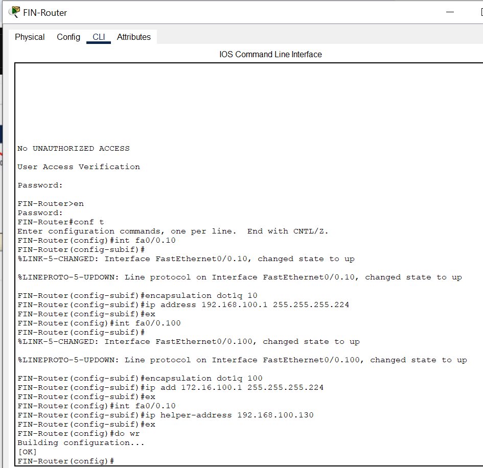 Inter-VLAN routing on Finance Dept Router