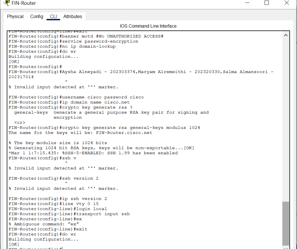 SSH Configuration on Finance Dept Router