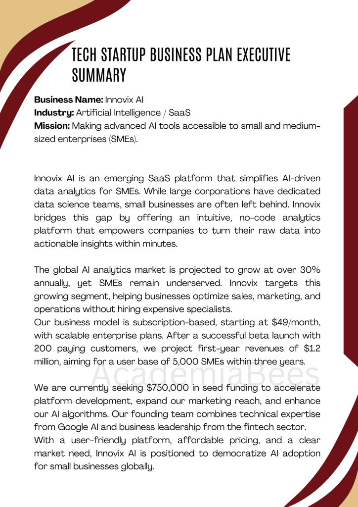 Tech Startup Business Plan Executive Summary Example