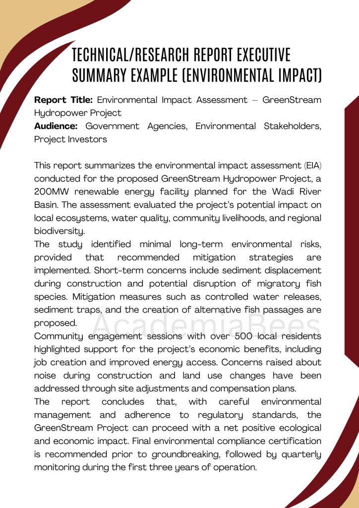 Technical or Research Report Executive Summary Example (Environmental Impact)