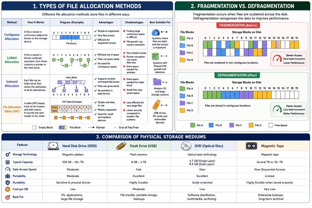 Infographic comparing physical storage mediums, file allocation methods, fragmentation, and defragmentation.